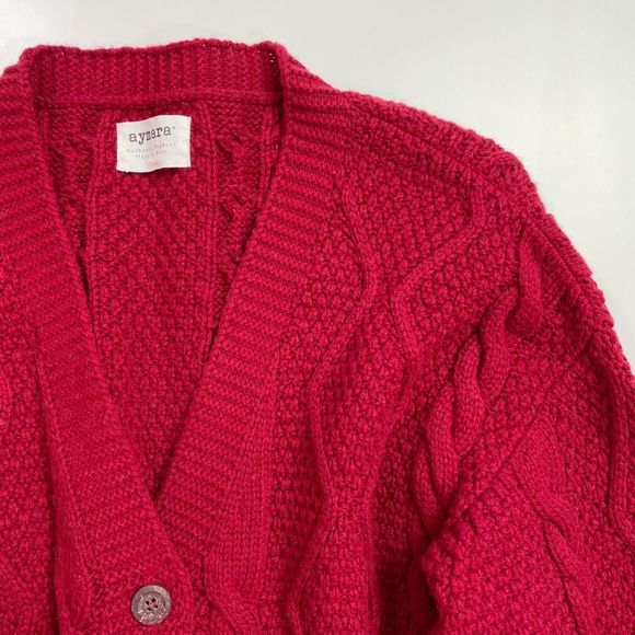 Aymara Mushua Cable Knit Cardigan Sweater Wool Stretch Red S/38 - Picture 6 of 8